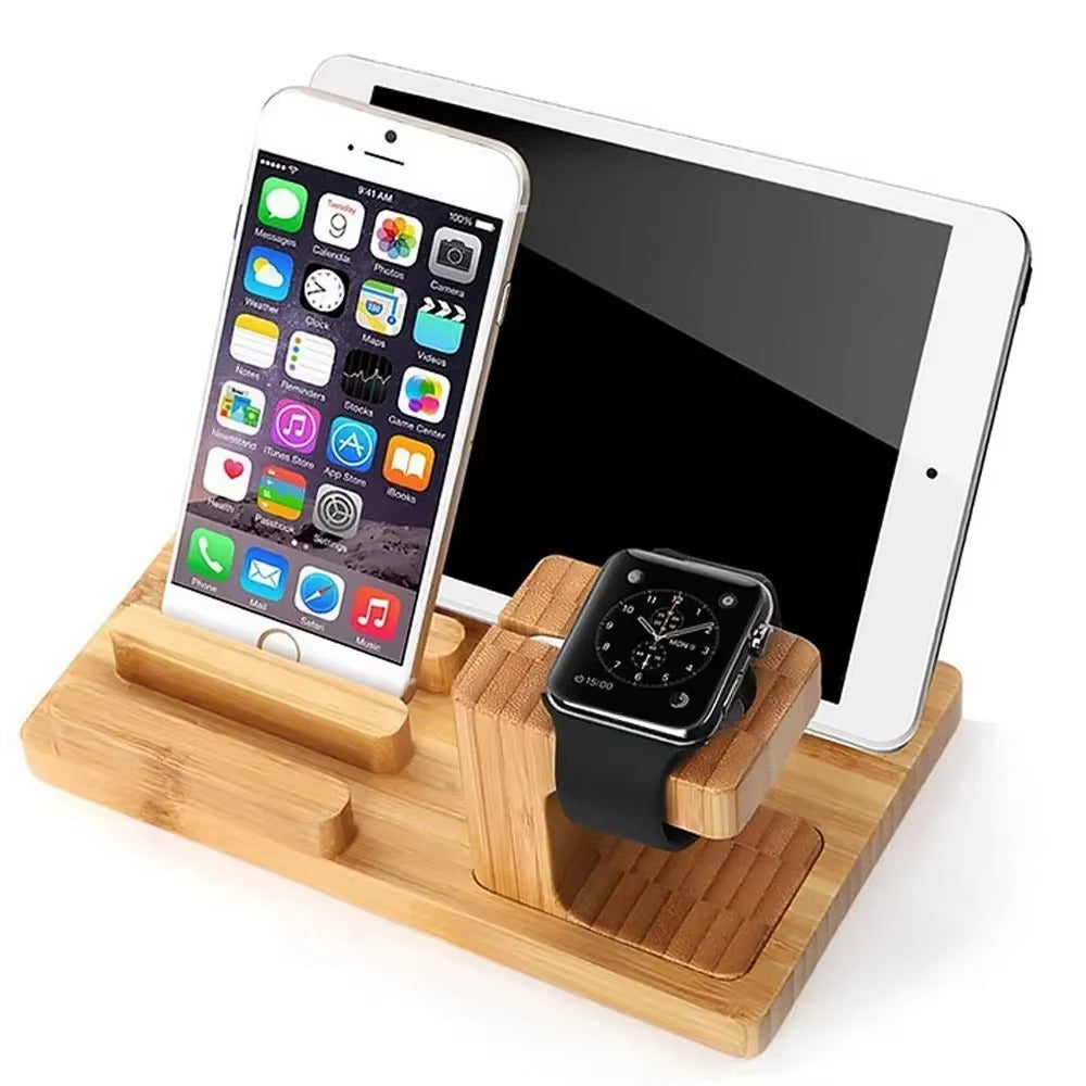 Luxury Bamboo Charging Dock Station – Multifunctional Stand Holder for iPad, iPhone, Apple Watch, Tablets and Smartphones with Cable Organizer