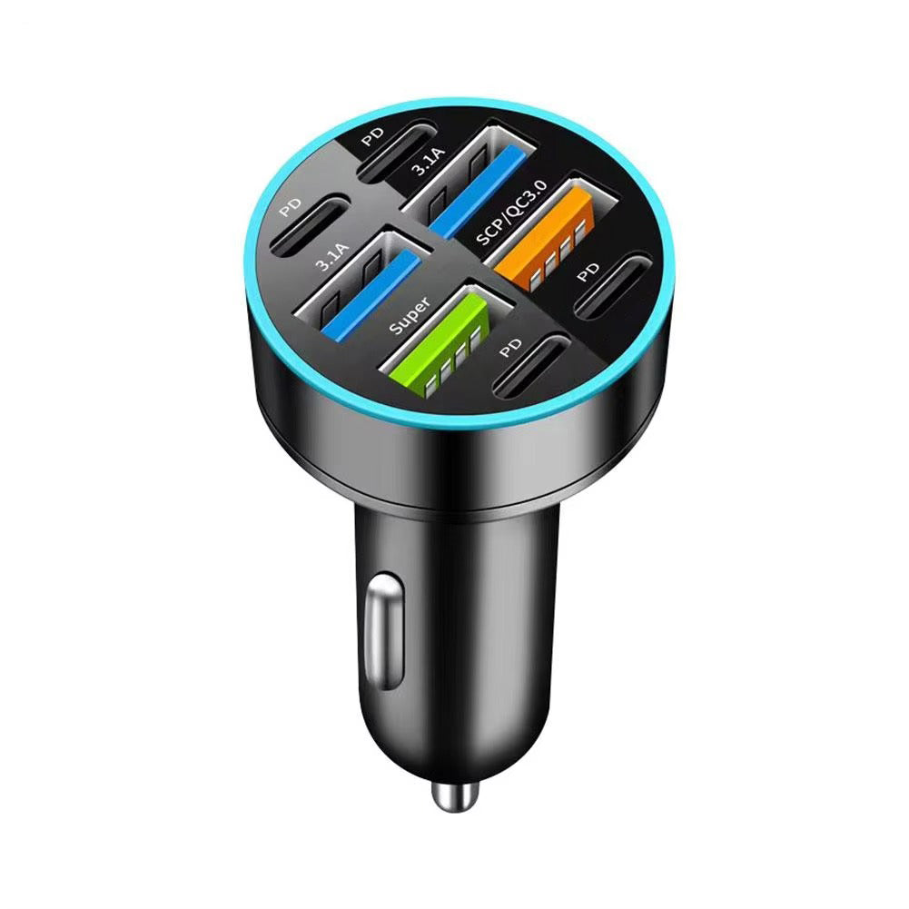 Premium 250W USB Car Charger with Digital Display – 6-Port Fast Charging PD QC3.0 Type-C Adapter, Intelligent Protection, Quick Charge