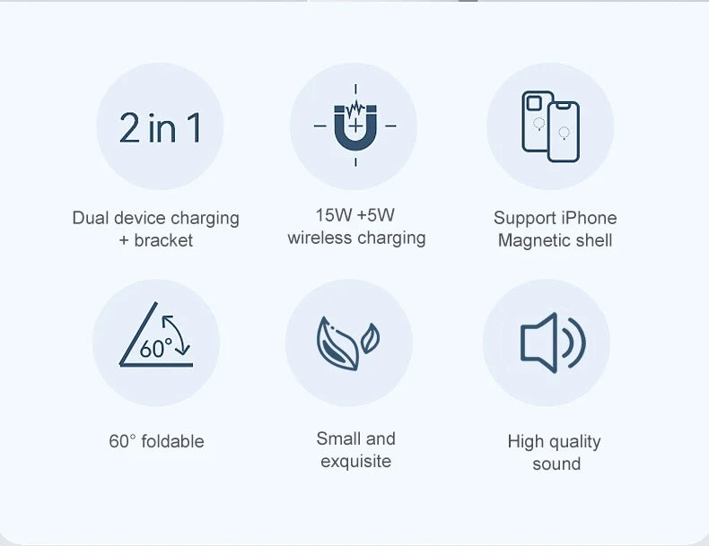 Premium Magnetic Wireless Charging Station with Bluetooth Speaker – 15W Fast Charger Stand and Phone Holder Dock for iPhone and AirPods