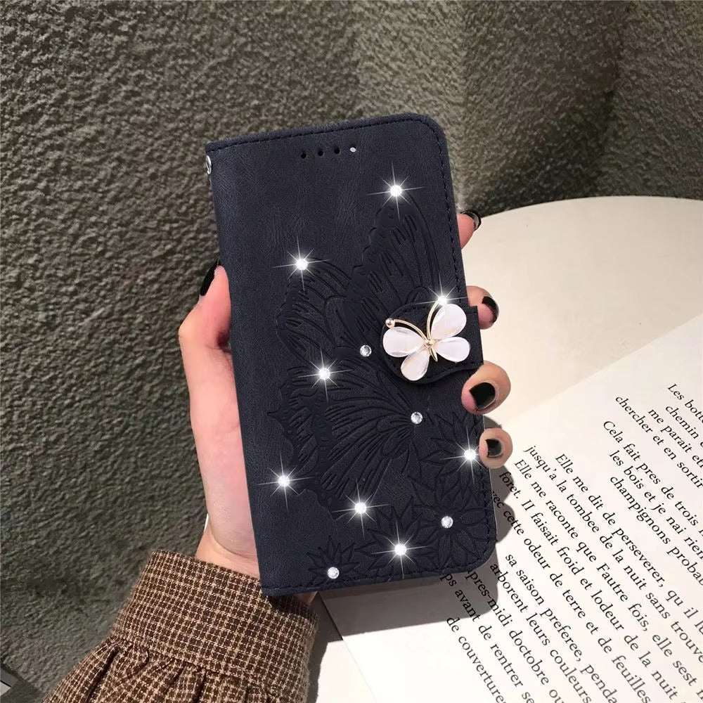 Luxury Apple iPhone Case, MagSafe Compatible, Camera Lens and Screen Protection, Ultra Thin, Shockproof, Magnetic, Full All Around Protection, Butterfly Glitter Wallet Cover