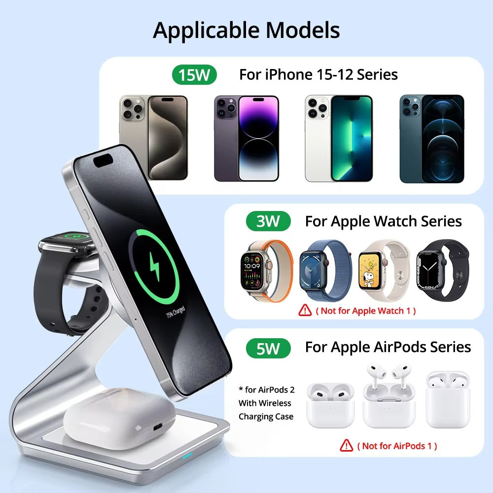 Premium 3 in 1 Magnetic Wireless Charging Stand – 15W Fast Charger Dock with Aluminum Alloy Metal Design for iPhone, Apple Watch and AirPods