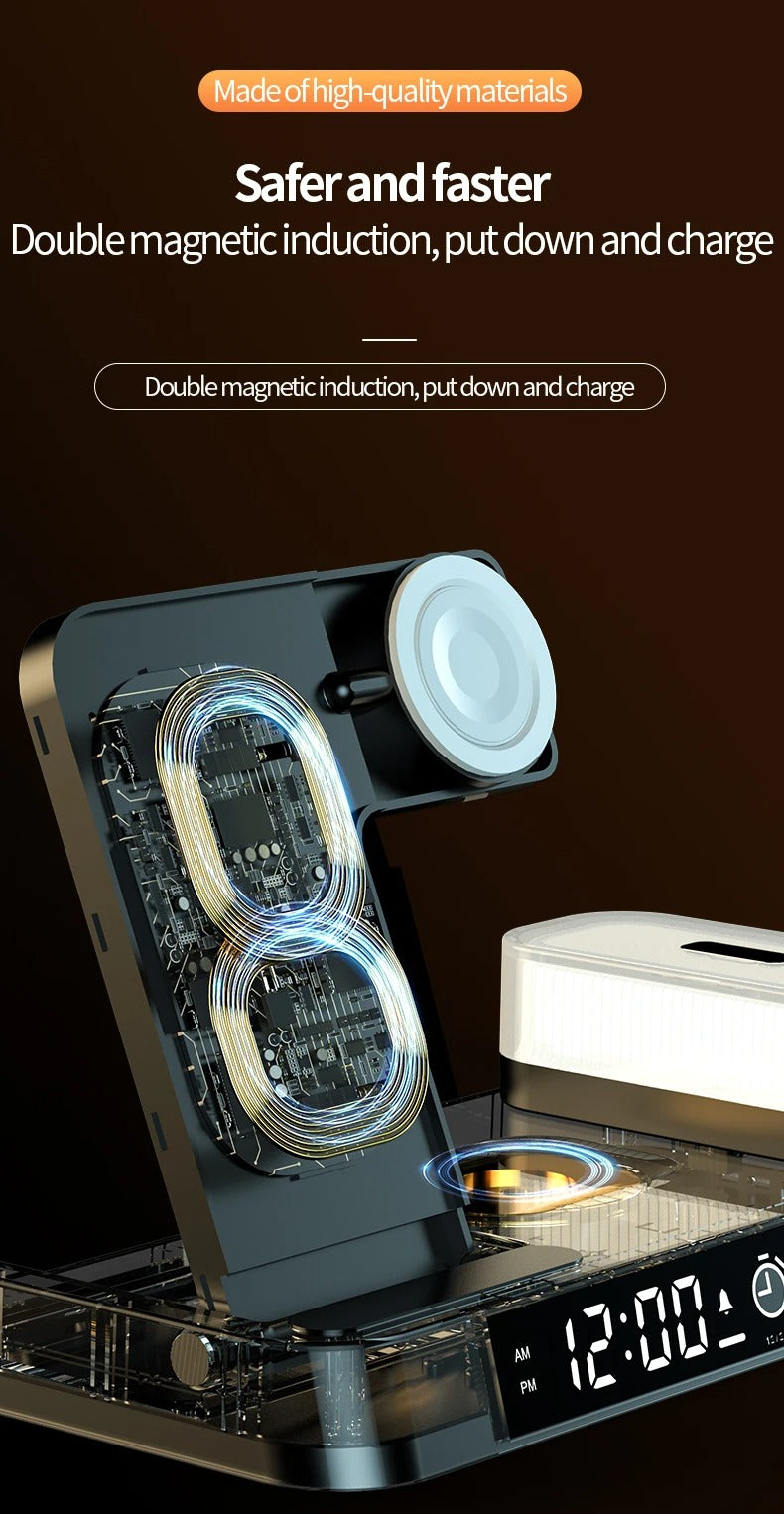 Premium 3 in 1 Wireless Charging Station – 30W Fast Charger Stand with Alarm Clock, Removable RGB Night Light for Phones, Apple Watch, Samsung Watch & AirPods