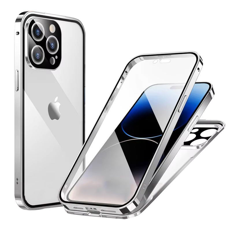 Luxury Apple iPhone Case MagSafe Compatible, Camera Lens & Screen Protection Cover with Double Glass Snap Lock Frame