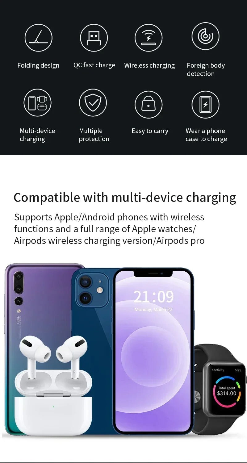 Premium 4 in 1 Wireless Charging Station with LED Light – Foldable Fast Charger Stand for Phones, Apple Watch, AirPods and Qi-Compatible Devices