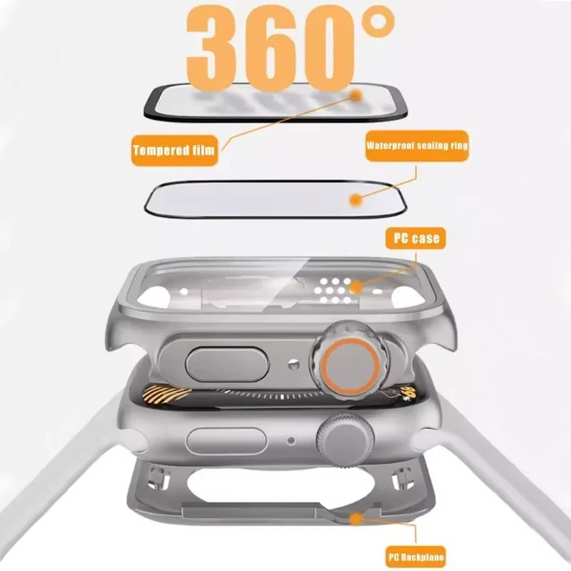 Durable Plastic Smartwatch Case with 360° Tempered Glass Screen Protector – Waterproof Sealing, Full Coverage Bumper, Anti-Fog and Scratch Resistant