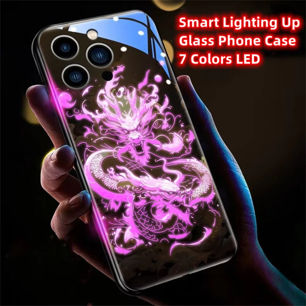 Premium Apple iphone Case, LED Flash, Sound Reactive, Shockproof, Ultra Thin, Full Body Protection, Golden Dragon Luminous Glass Cover