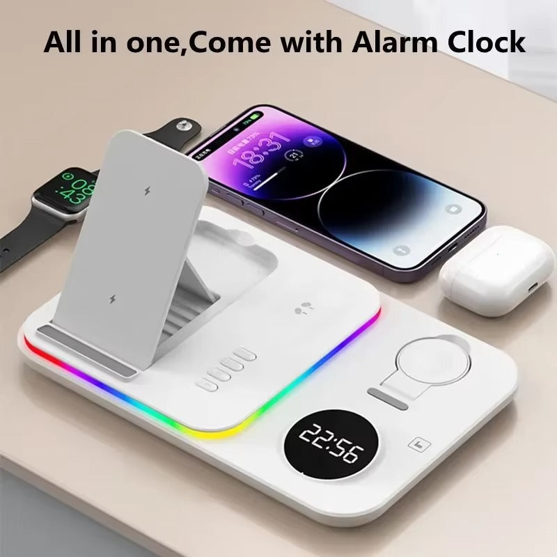Premium 5 in 1 Wireless Charging Station – 30W Foldable Fast Charger Dock with RGB LED Light, Alarm Clock for Phones, Apple Watch, Samsung Watch & AirPods