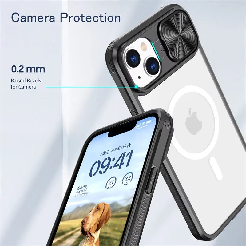 Premium Apple iPhone Case MagSafe Compatible, Camera Lens & Screen Protection, Cover with Slide Lens & Clear Acrylic Back
