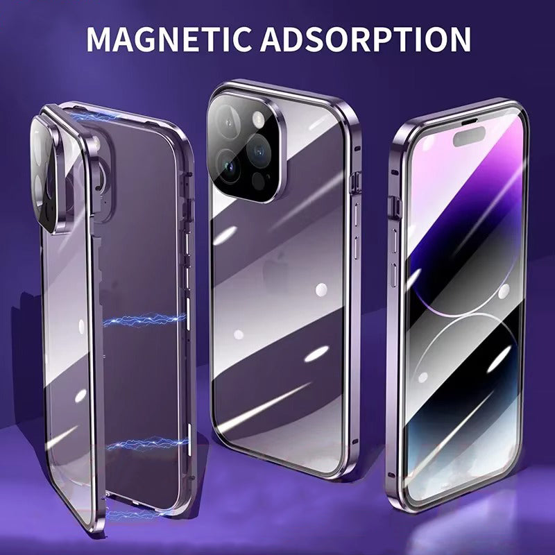 Luxury Apple iPhone Case MagSafe Compatible, Camera Lens & Screen Protection Cover with Double Glass Snap Lock Frame