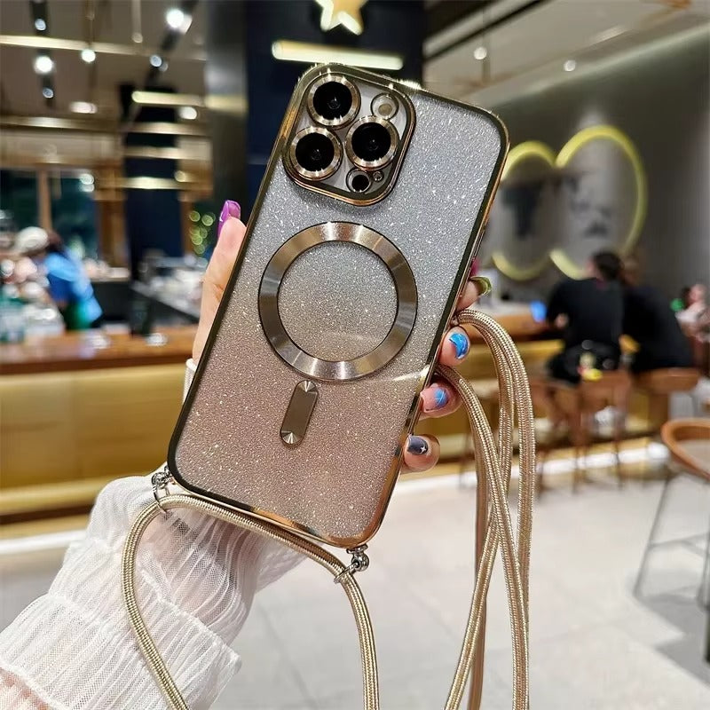 Luxury Apple iPhone Case, MagSafe Compatible, Camera Lens & Screen Protection, Ultra Thin, Shockproof, Magnetic Full All Around Cover – Glitter Crossbody Plating TPU Soft Back Case