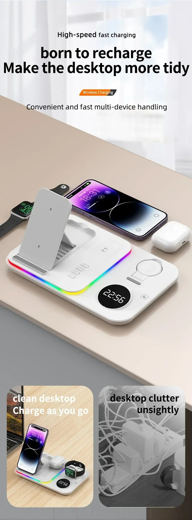 Premium 5 in 1 Wireless Charging Station – 30W Foldable Fast Charger Dock with RGB LED Light, Alarm Clock for Phones, Apple Watch, Samsung Watch & AirPods