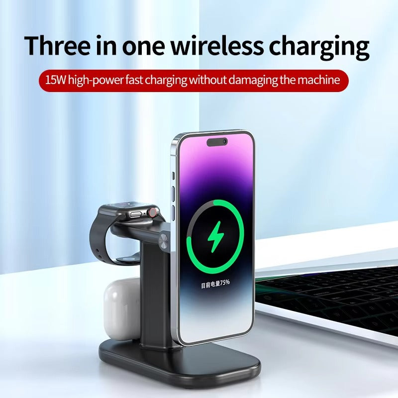 Premium Magnetic 3 in 1 Wireless Charging Station – 25W Foldable Fast Charger Stand and Phone Holder for iPhone, Apple Watch, AirPods and Qi Devices