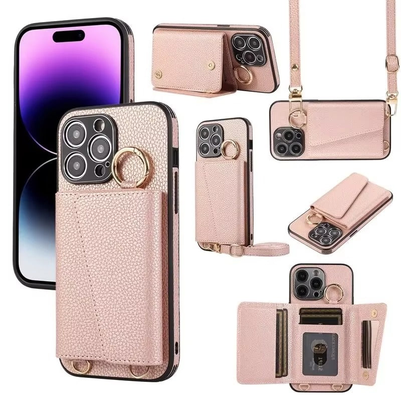 High-End Apple iPhone Case, MagSafe Compatible, Camera Lens & Screen Protection, Ultra Thin, Shockproof, Magnetic Full All Around Cover – Crossbody Leather Wallet Case with Finger Ring Buckle & Card Slots