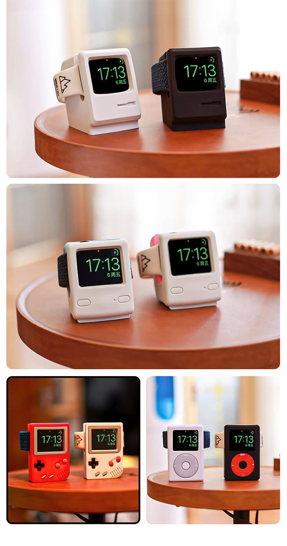 Premium Retro Charging Stand for Smartwatch – Desktop Silicone Dock Holder with Cable Slot, Nightstand Mode Compatible