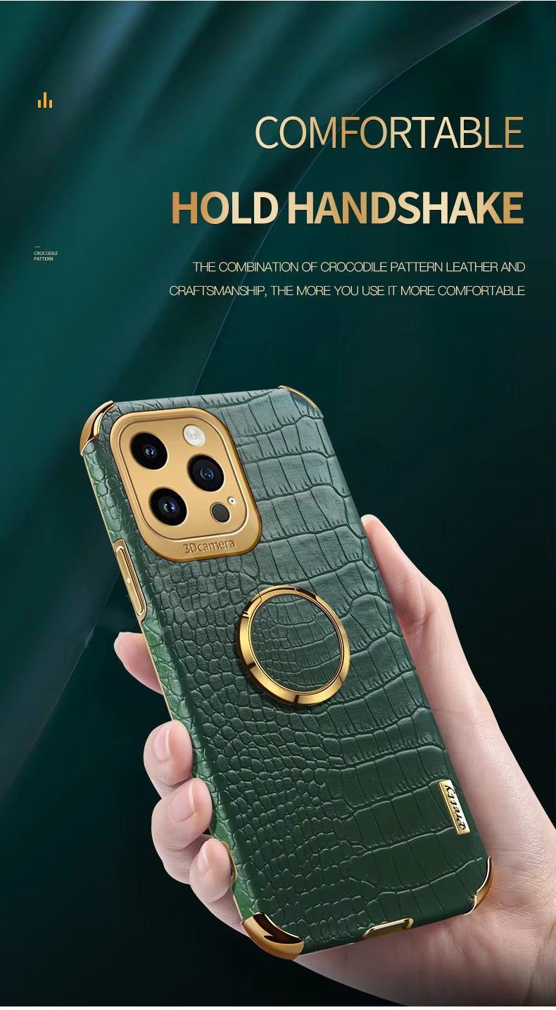 Premium Apple iPhone Case MagSafe Compatible, Camera Lens & Screen Protection, Ultra Thin Shockproof Magnetic Full All Around Protection Cover with Crocodile Leather Ring Holder