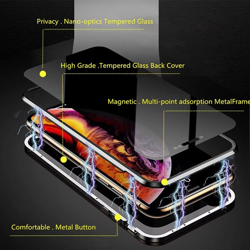 High Quality Apple iPhone Case, MagSafe Compatible, Camera Lens & Screen Protection, Ultra Thin, Shockproof, Magnetic Full All Around Cover – Double Glass Magnetic Case with Anti-Peeping Privacy Screen & Metal Frame Protection