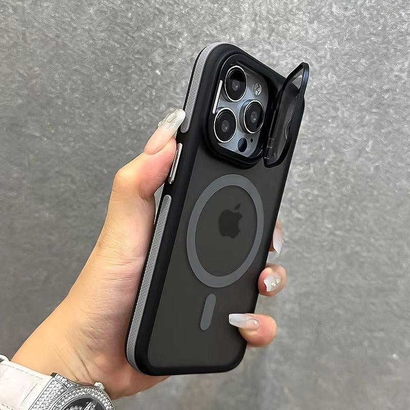 Luxury Apple iPhone Case Ultra Thin Shockproof Magnetic Full All Around Protection Cover with Matte Stand & Wrist Strap