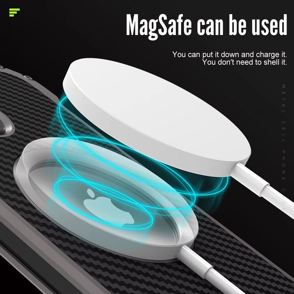 Premium Apple iPhone Case, MagSafe Compatible, Camera Lens & Screen Protection, Ultra Thin, Shockproof, Magnetic Full All Around Cover – Carbon Fiber Metal Case with Anti-Fall Design & Magnetic Back Shell