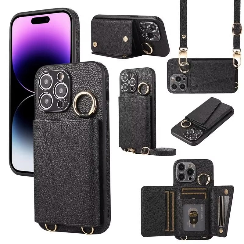 High-End Apple iPhone Case, MagSafe Compatible, Camera Lens & Screen Protection, Ultra Thin, Shockproof, Magnetic Full All Around Cover – Crossbody Leather Wallet Case with Finger Ring Buckle & Card Slots