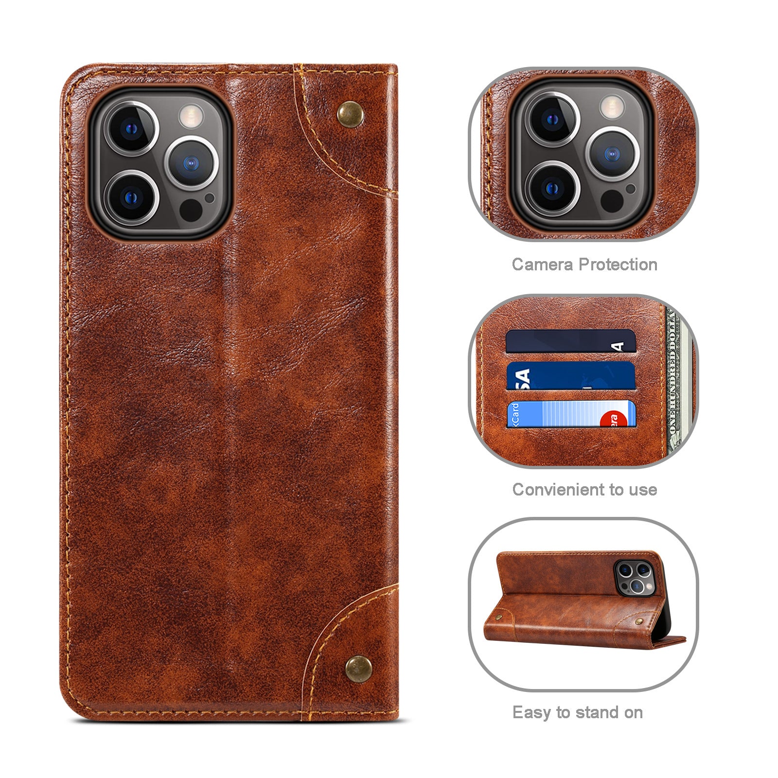 Luxury Genuine Leather Wallet Flip iPhone Case – Magnetic Closure, Card Holder, Stand Function, Shockproof Protective Cover, Classic Book-Style Design