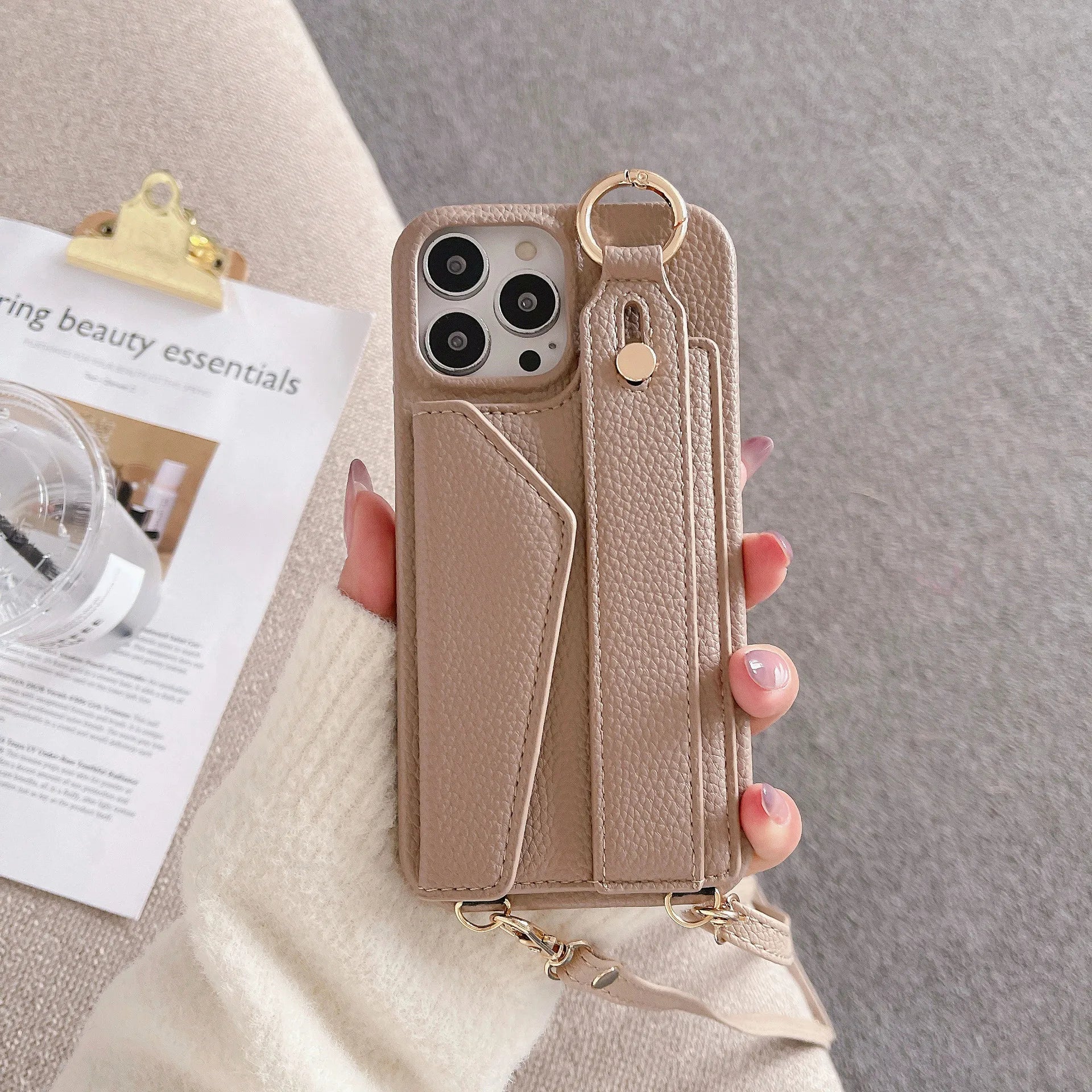 Luxury Crossbody Leather Wallet iPhone Case – Wrist Strap, Ring Holder, Card Slot, Shockproof Protection, Stylish Design for iPhone