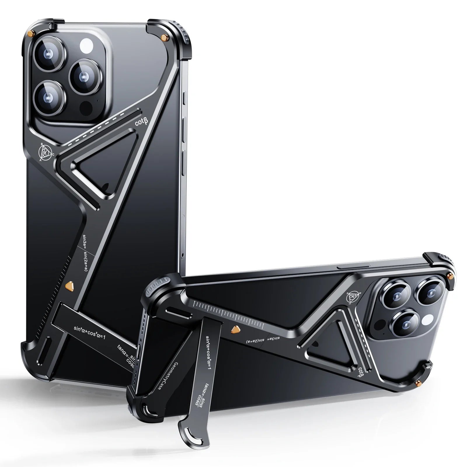 Luxury Geometric Metal iPhone Case – Aluminum Alloy Shockproof Cover with Stand for iPhone Models Stylish and Durable Design