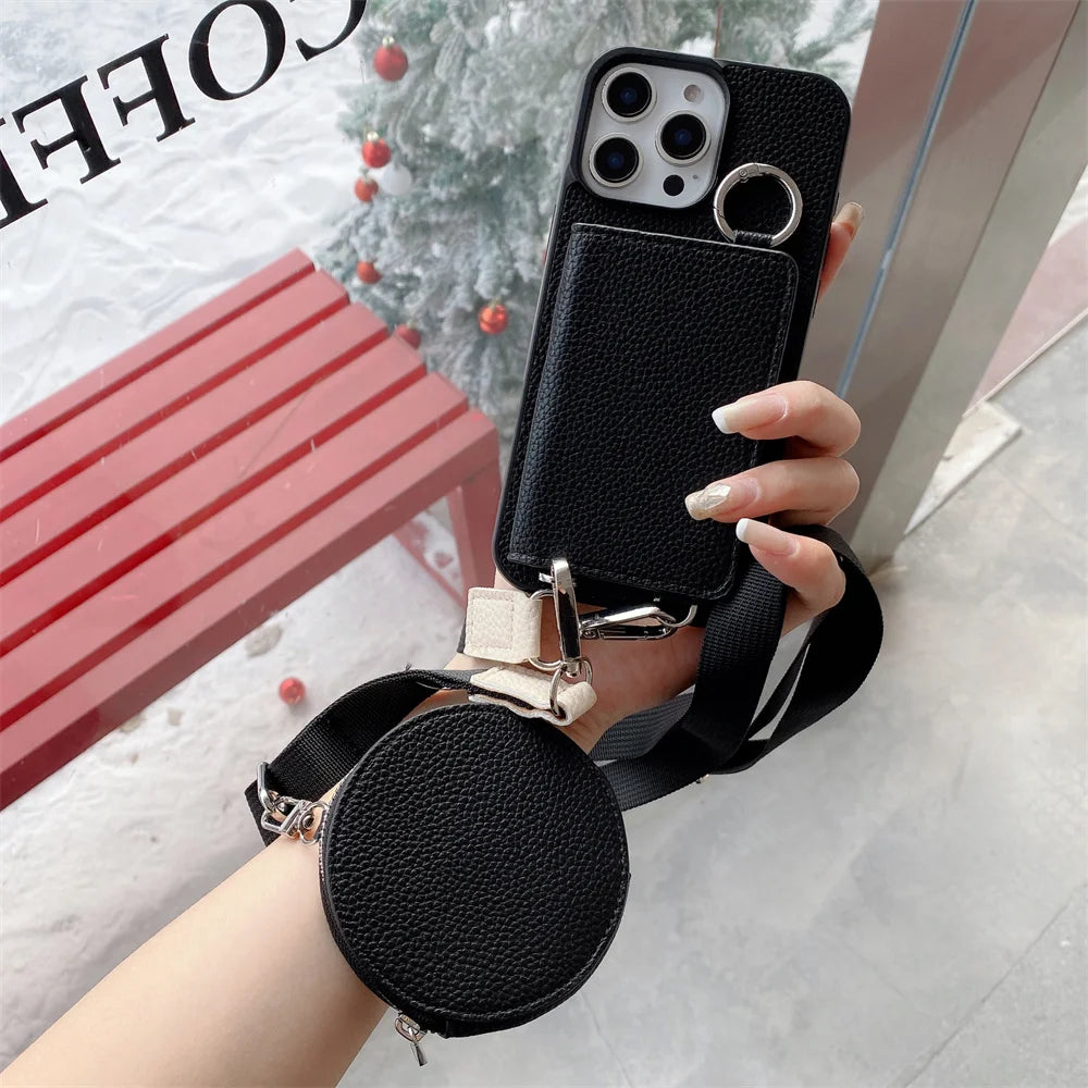 Luxury Crossbody Wallet iPhone Case – Card Pocket Holder, Lanyard Leather Cover, Stylish & Functional Design Case for iPhone