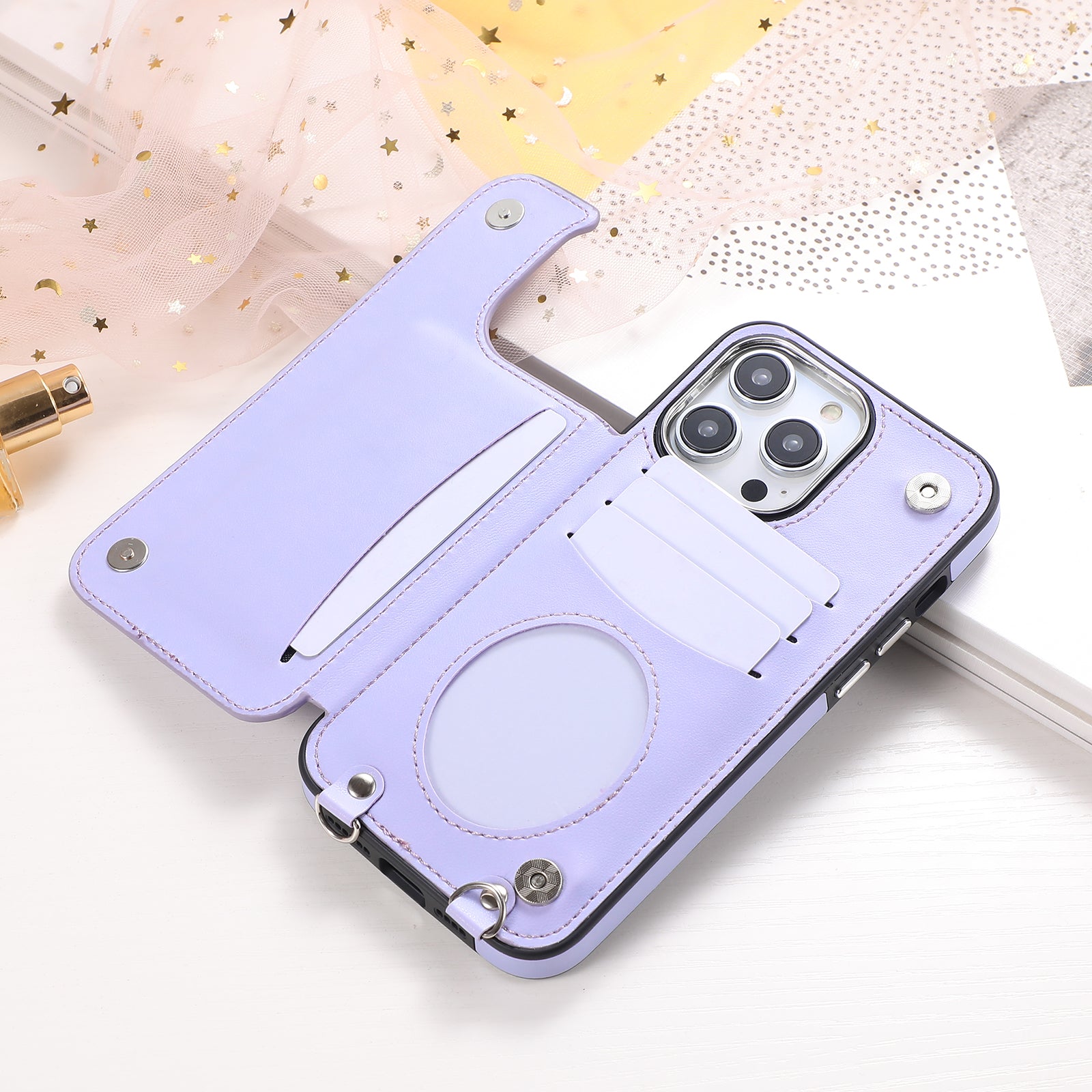 Luxury Crossbody RFID Leather Wallet iPhone Case – Card Slot, Ring Holder, Double Buckle, Lanyard Bag Cover, Magnetic Closure