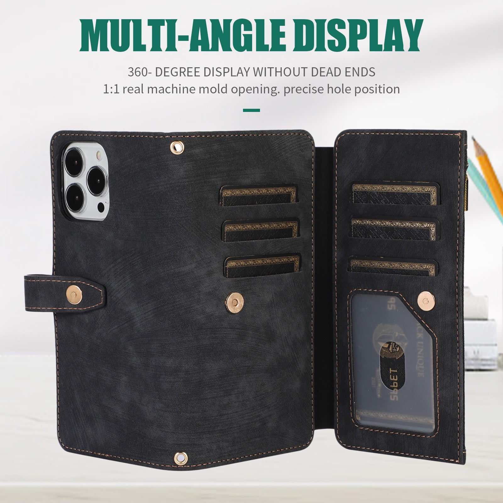 Luxury Crossbody Zipper Wallet iPhone Case – Leather Card Holder, Lanyard Strap, Closure Hands-Free Convenience for iPhone