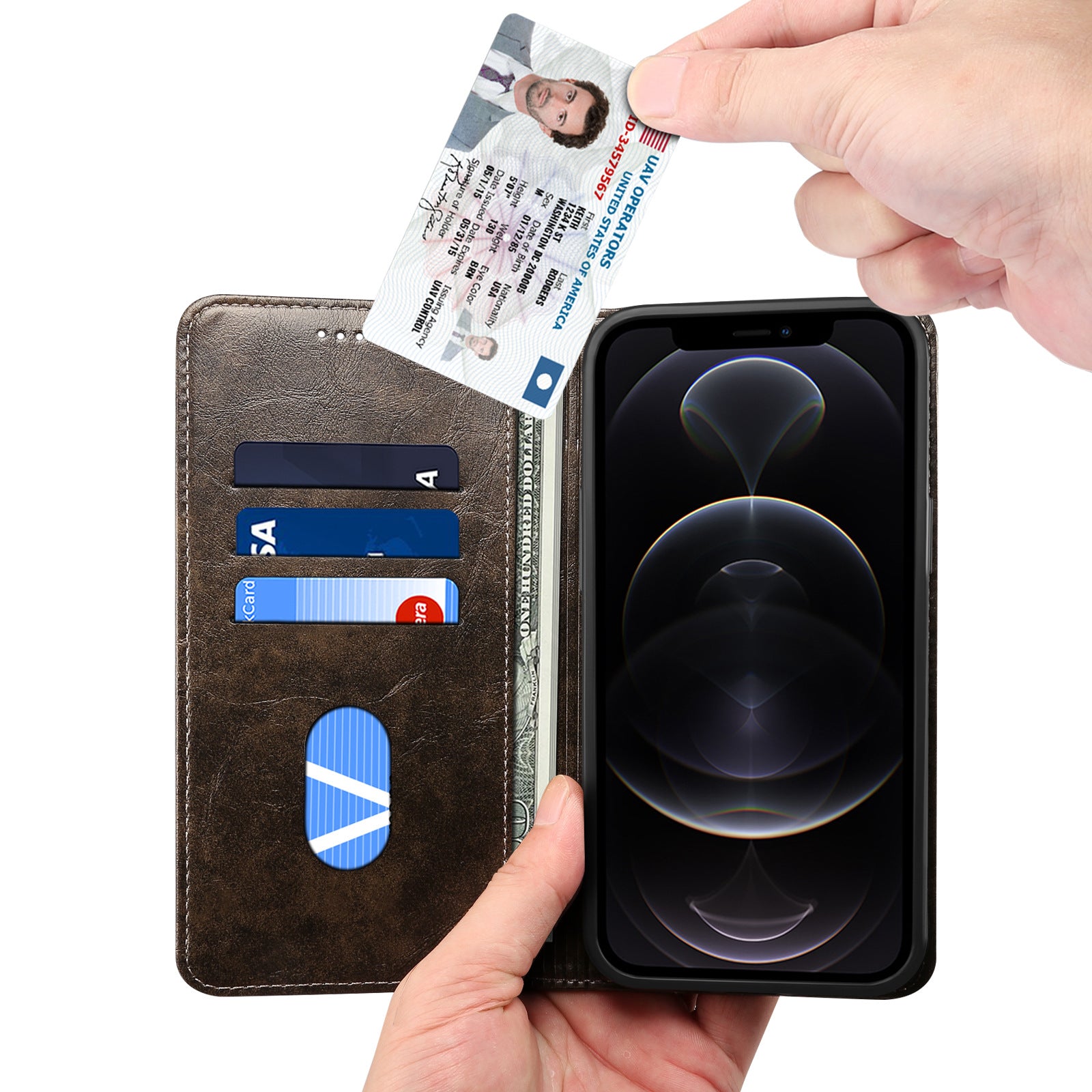 Luxury Genuine Leather Wallet Flip iPhone Case – Magnetic Closure, Card Holder, Stand Function, Shockproof Protective Cover, Classic Book-Style Design