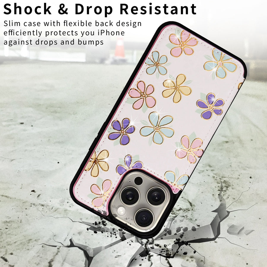 Hot Stamped Floral Wallet iPhone Case – Card Slots Magnetic Closure, Elegant Leather Design, Shockproof Protection for iPhone