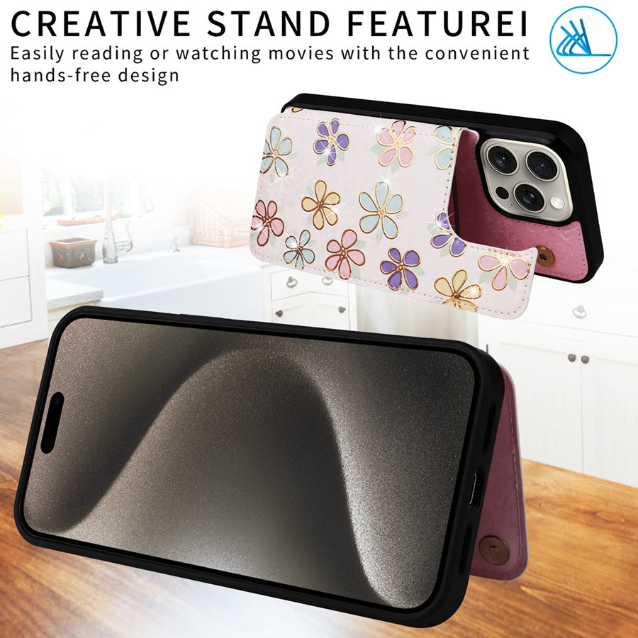 Hot Stamped Floral Wallet iPhone Case – Card Slots Magnetic Closure, Elegant Leather Design, Shockproof Protection for iPhone