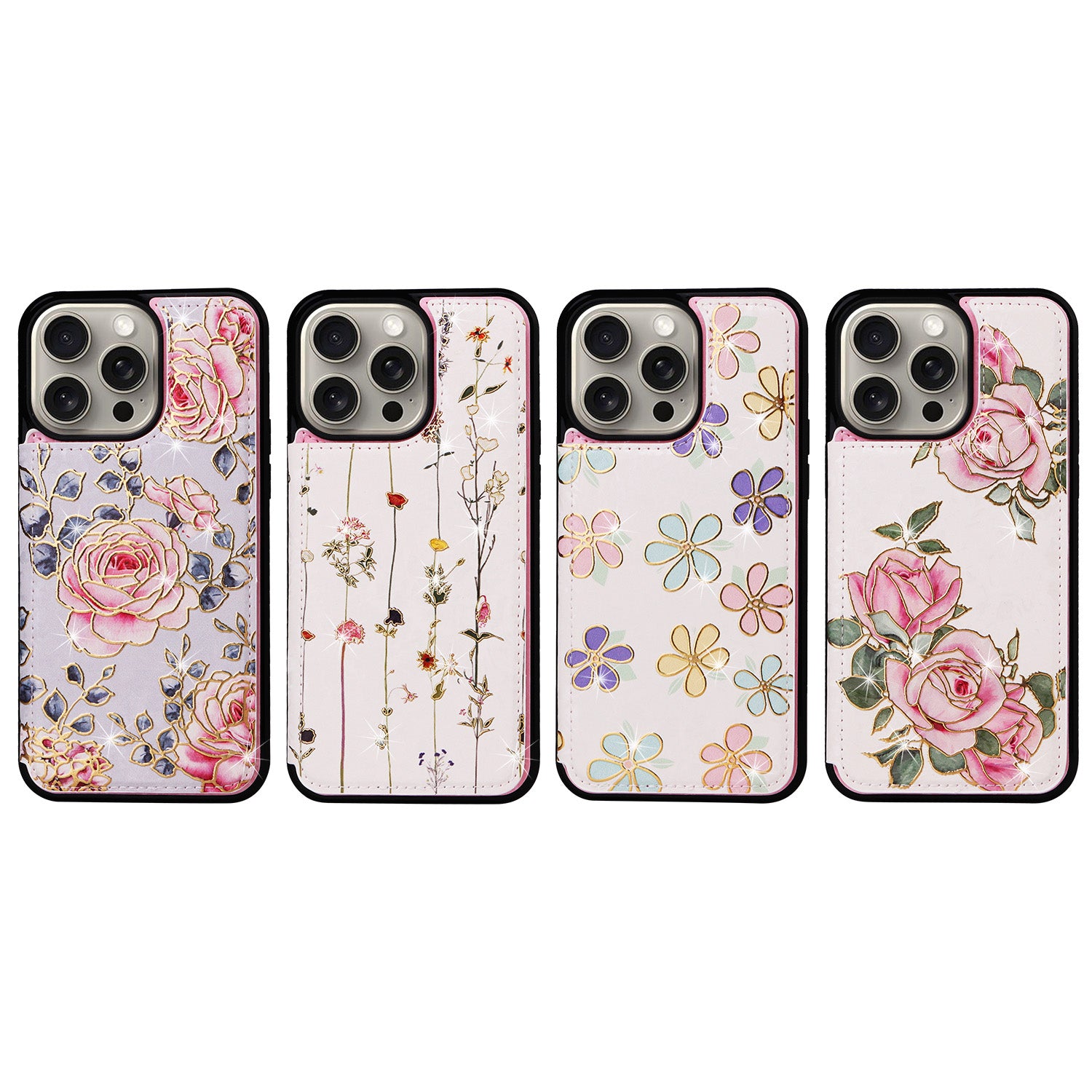 Hot Stamped Floral Wallet iPhone Case – Card Slots Magnetic Closure, Elegant Leather Design, Shockproof Protection for iPhone