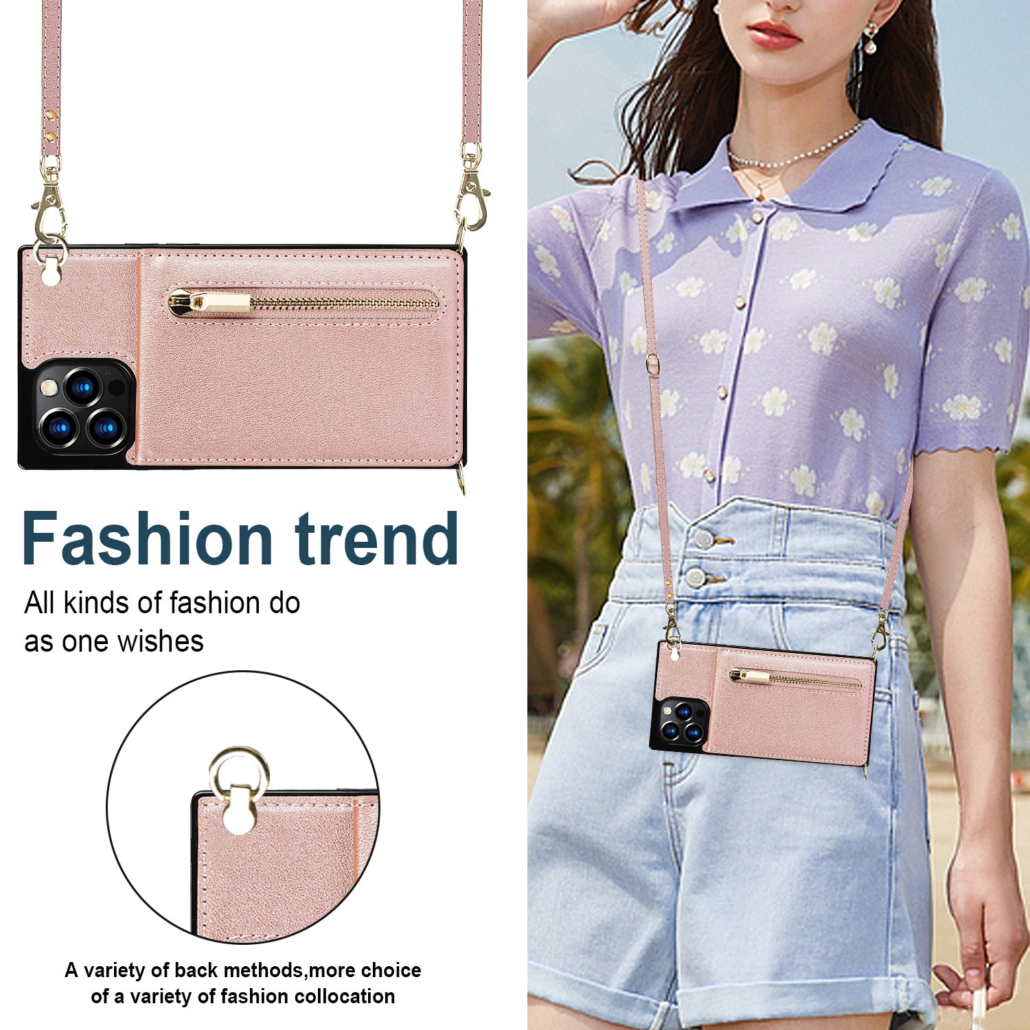 Luxury Zipper Wallet Crossbody Leather iPhone Case Card Holder, Lanyard Strap Magnetic Closure, Stylish Flip Cover for iPhone