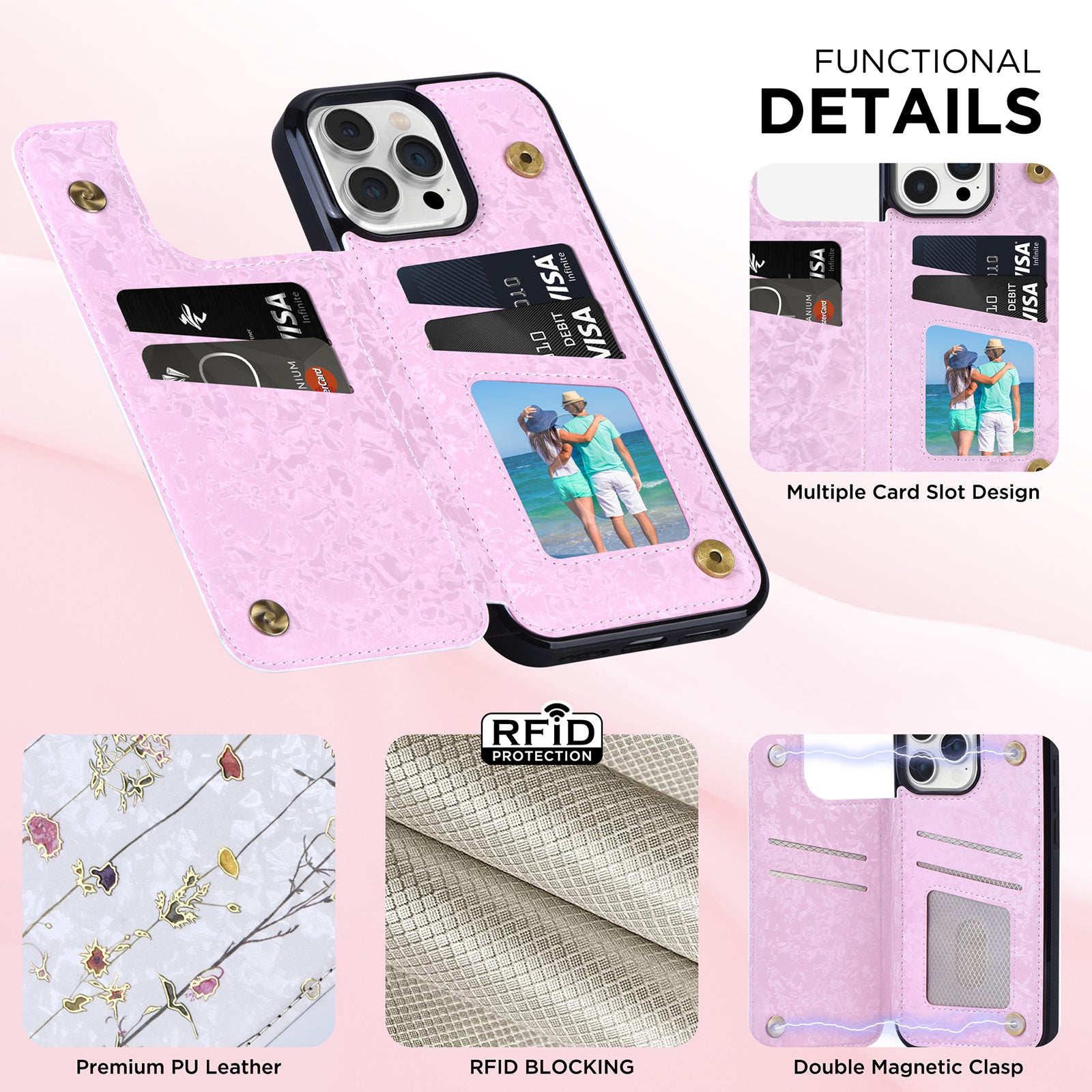 Hot Stamped Floral Wallet iPhone Case – Card Slots Magnetic Closure, Elegant Leather Design, Shockproof Protection for iPhone