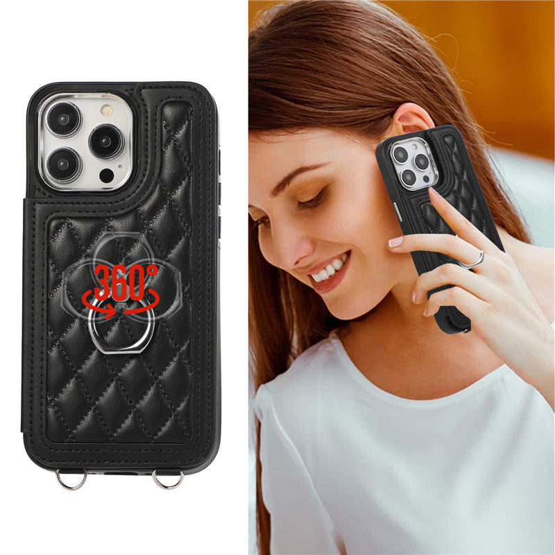 Luxury Crossbody RFID Leather Wallet iPhone Case – Card Slot, Ring Holder, Double Buckle, Lanyard Bag Cover, Magnetic Closure