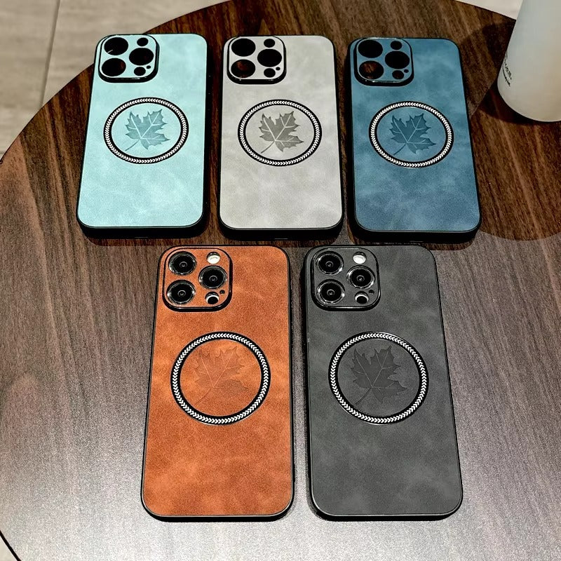 Premium Retro Leather Maple Leaf iPhone Case – MagSafe Charging, Stylish & Durable Full Protection Cover | Case for iPhone