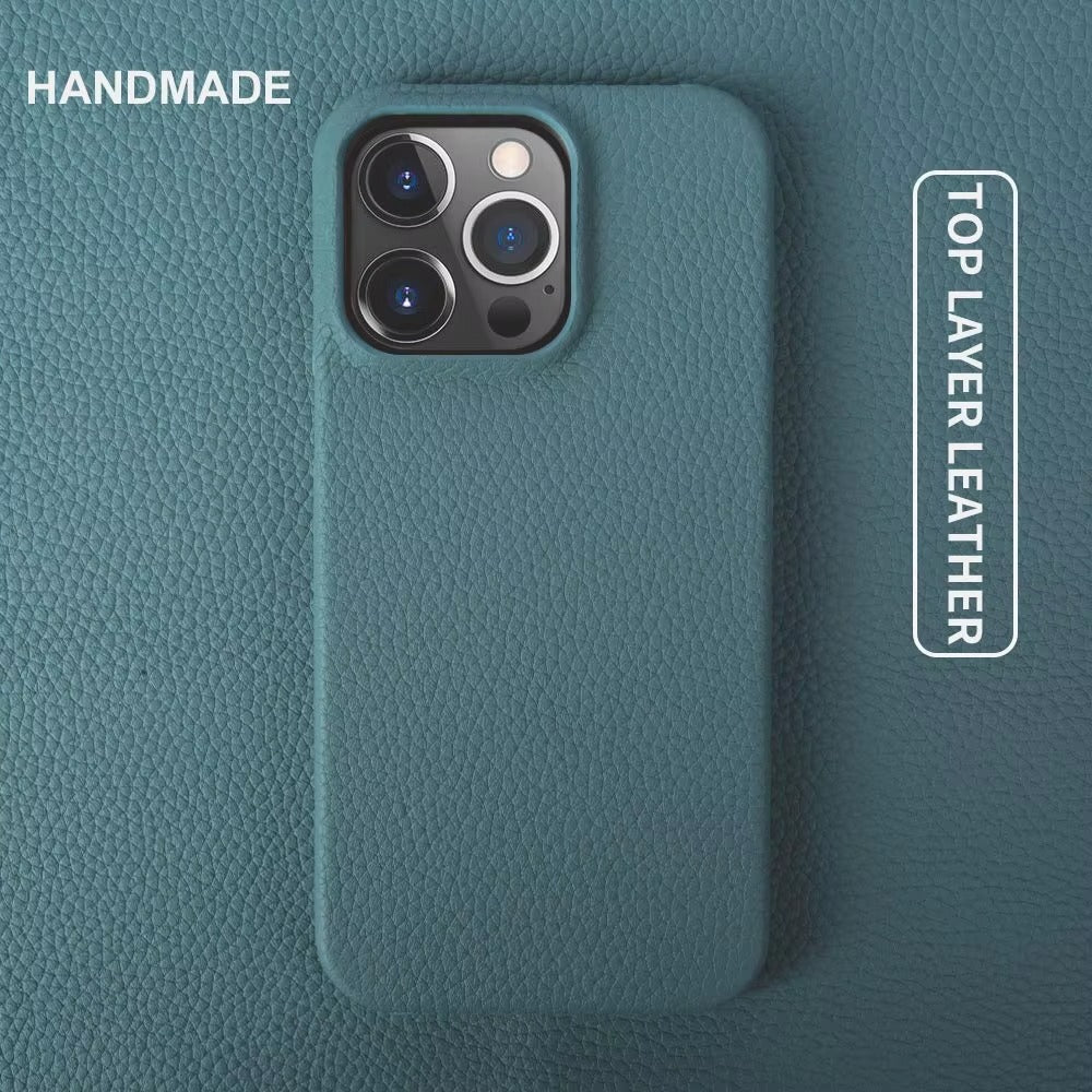 Luxury Natural Cowhide Leather MagSafe iPhone Case – Lychee Texture, Durable & Stylish Phone Back Cover | Case for iPhone