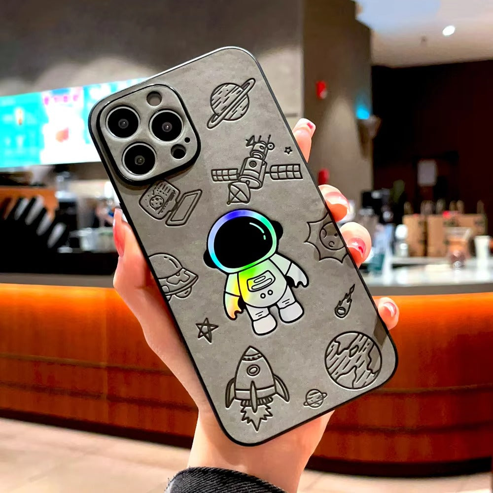Premium Gradient Laser Astronaut iPhone Case – Faux Leather, Full Back Protection, Stylish & Durable Cover | Case for iPhone