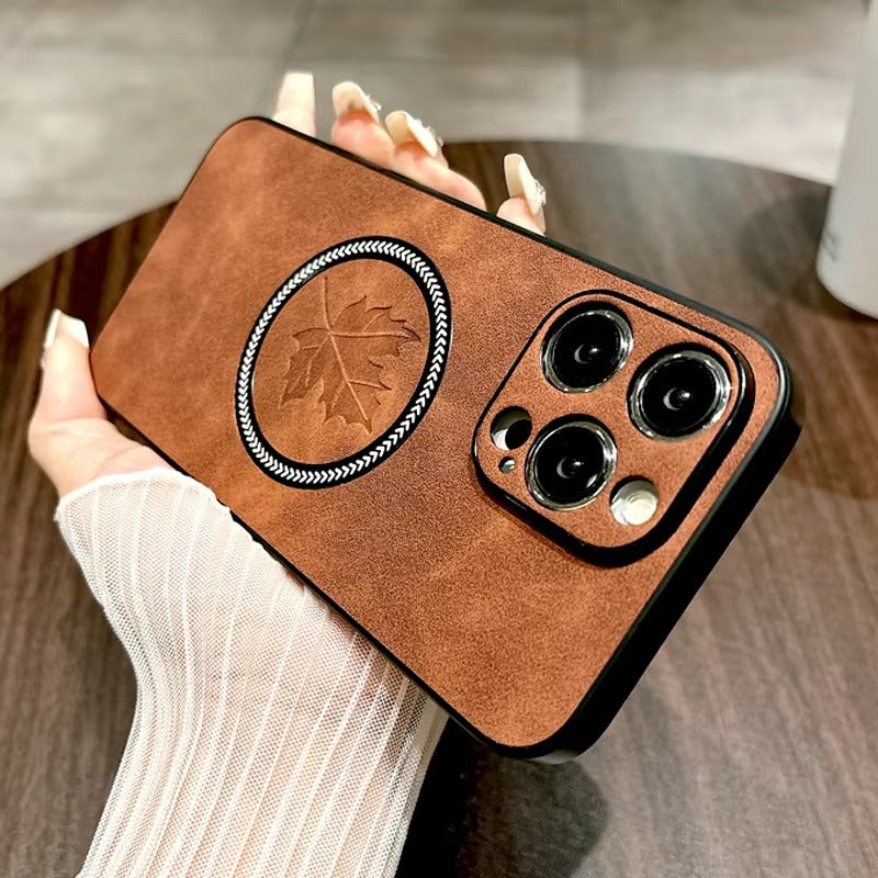 Premium Retro Leather Maple Leaf iPhone Case – MagSafe Charging, Stylish & Durable Full Protection Cover | Case for iPhone