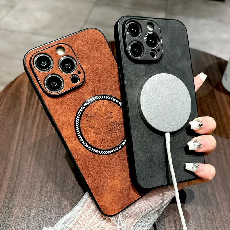 Premium Retro Leather Maple Leaf iPhone Case – MagSafe Charging, Stylish & Durable Full Protection Cover | Case for iPhone