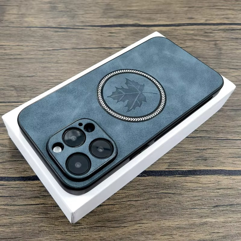 Premium Retro Leather Maple Leaf iPhone Case – MagSafe Charging, Stylish & Durable Full Protection Cover | Case for iPhone