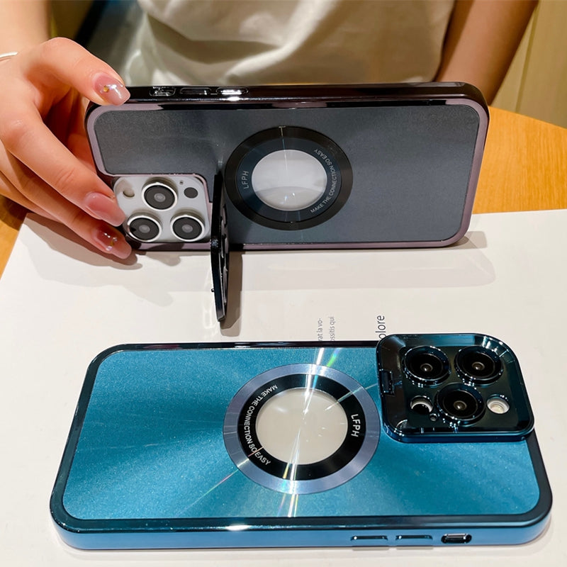 Premium Aurora Magsafe iPhone Case – Magnetic Plating CD Pattern, Shockproof, Stand Bracket, Logo Hole, Durable Protection,