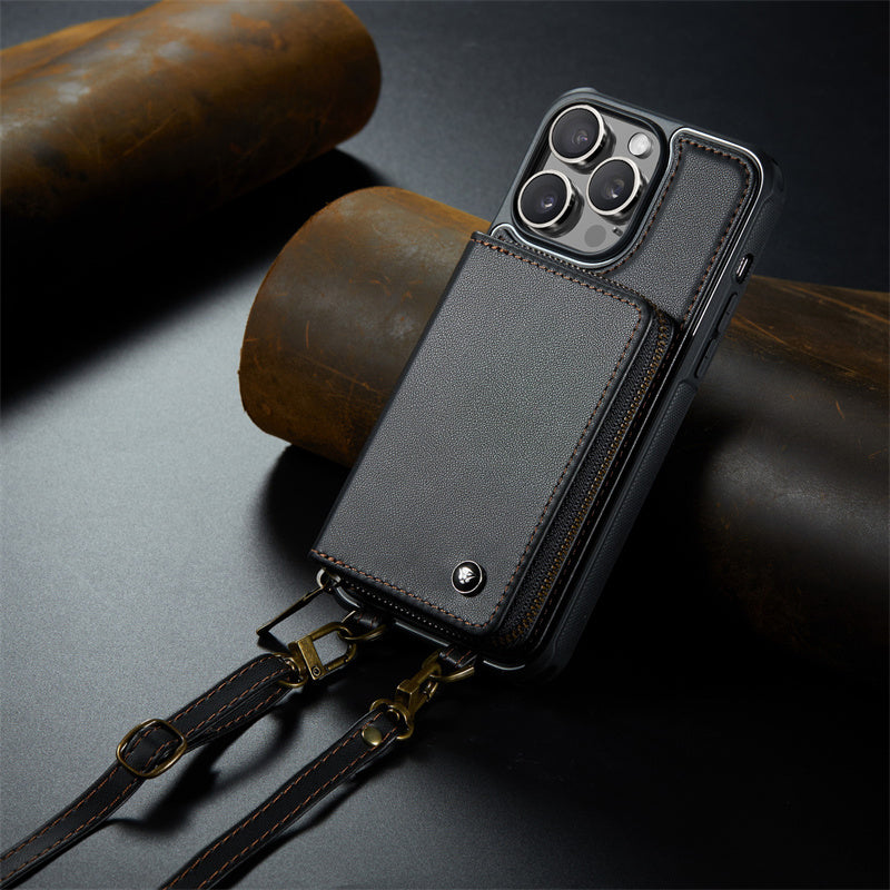 Luxury Leather Wallet Crossbody iPhone Case – Card Slot Holder, Stand Function, Hand Lanyard Strap, Shockproof Protection for iPhone