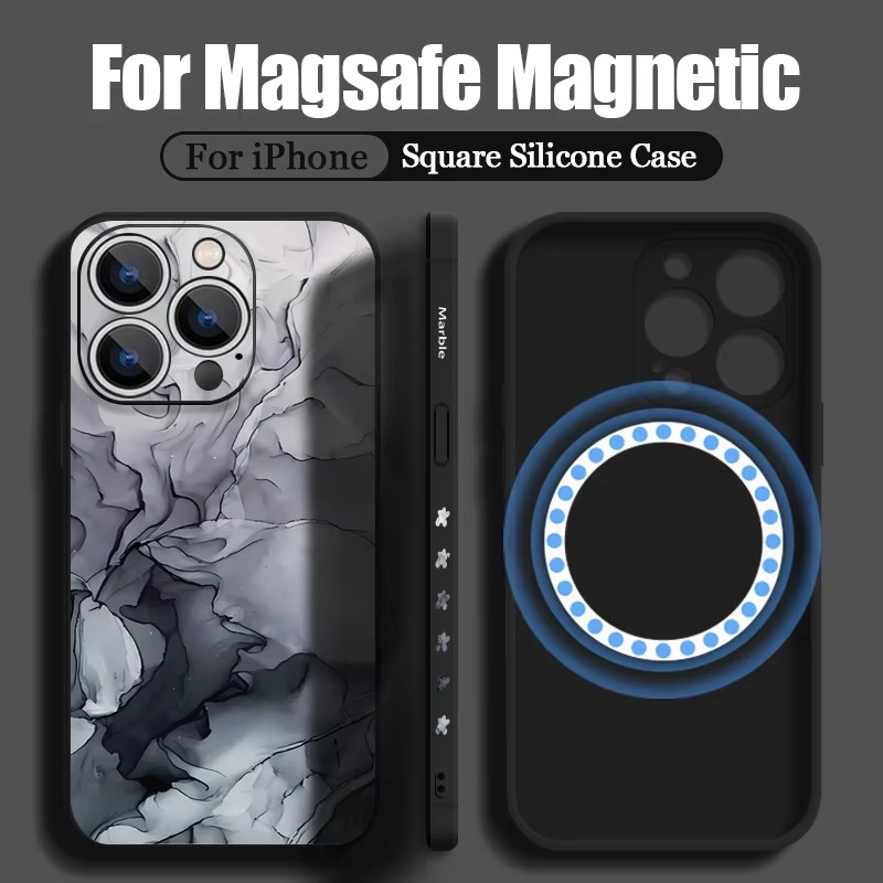 Luxury Apple iPhone Case, MagSafe Compatible, Camera Lens and Screen Protection, Ultra Thin, Shockproof, Magnetic, Full All Around Protection, Marble Silicone Lanyard Cover