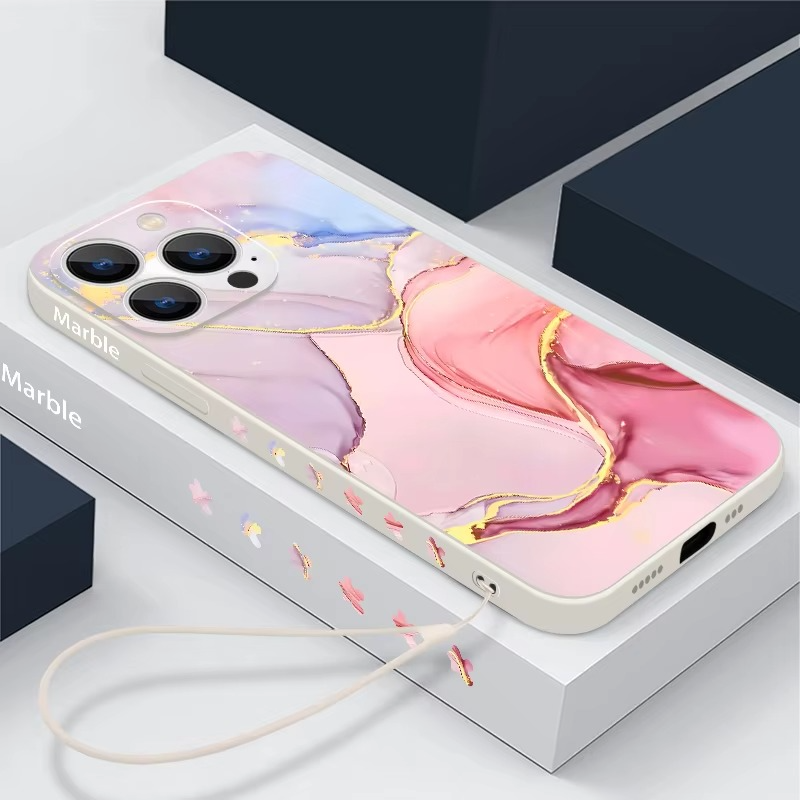Luxury Apple iPhone Case, MagSafe Compatible, Camera Lens and Screen Protection, Ultra Thin, Shockproof, Magnetic, Full All Around Protection, Marble Silicone Lanyard Cover
