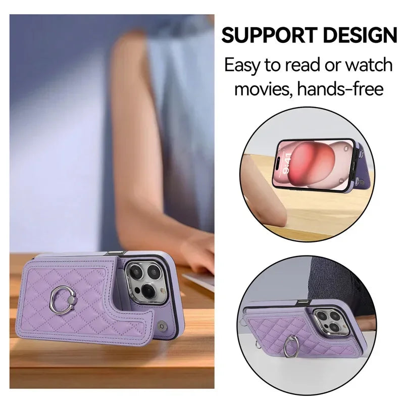 Luxury Crossbody RFID Leather Wallet iPhone Case – Card Slot, Ring Holder, Double Buckle, Lanyard Bag Cover, Magnetic Closure