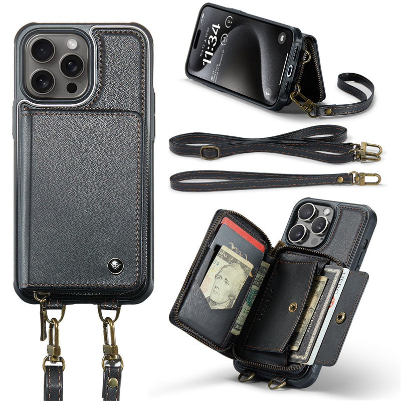 Luxury Leather Wallet Crossbody iPhone Case – Card Slot Holder, Stand Function, Hand Lanyard Strap, Shockproof Protection for iPhone