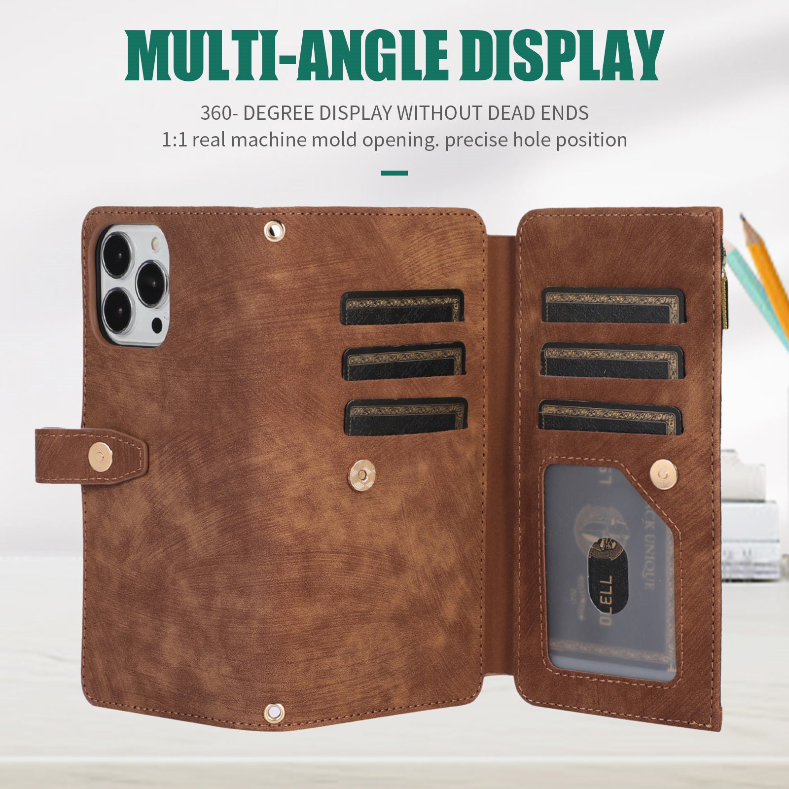 Luxury Crossbody Zipper Wallet iPhone Case – Leather Card Holder, Lanyard Strap, Closure Hands-Free Convenience for iPhone