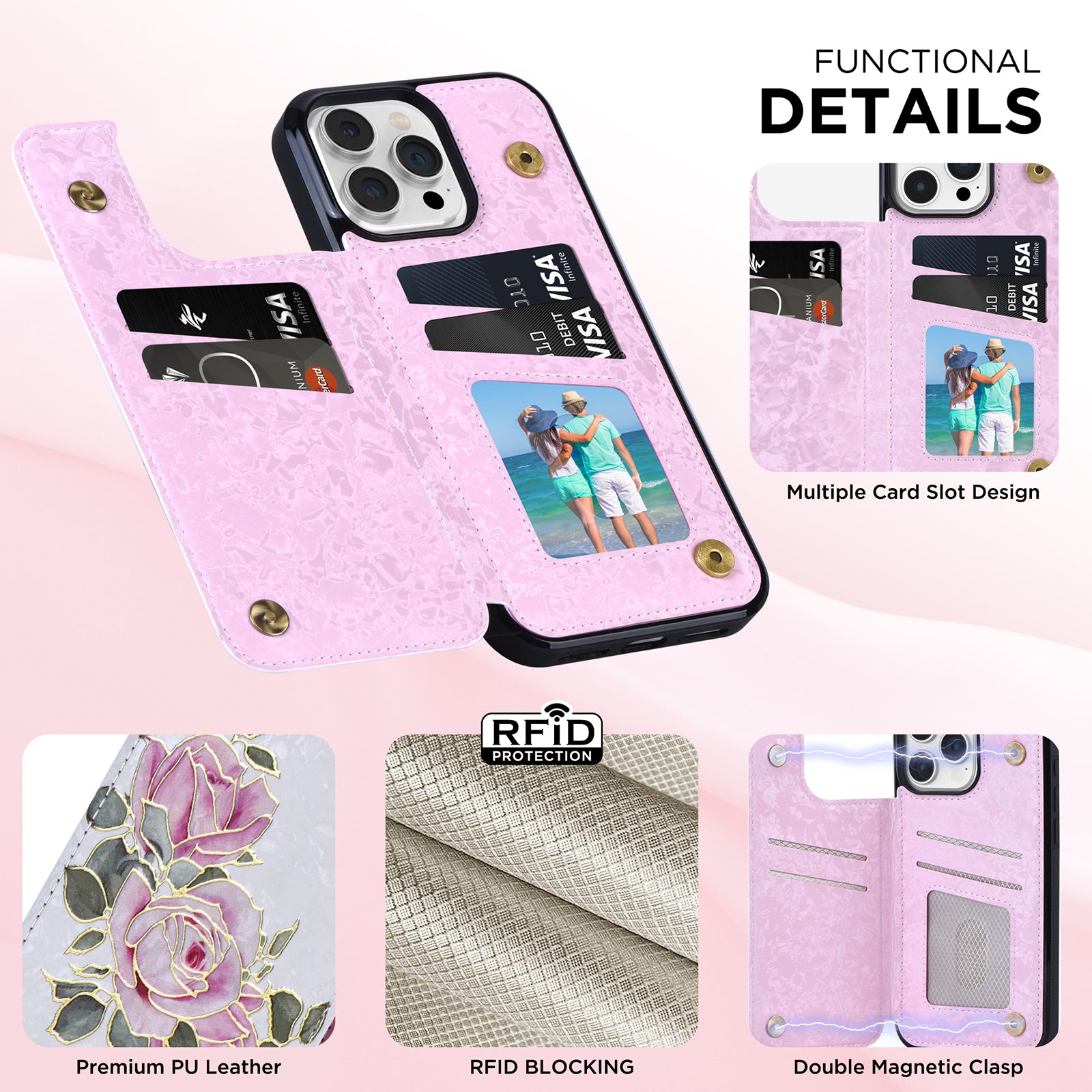 Hot Stamped Floral Wallet iPhone Case – Card Slots Magnetic Closure, Elegant Leather Design, Shockproof Protection for iPhone